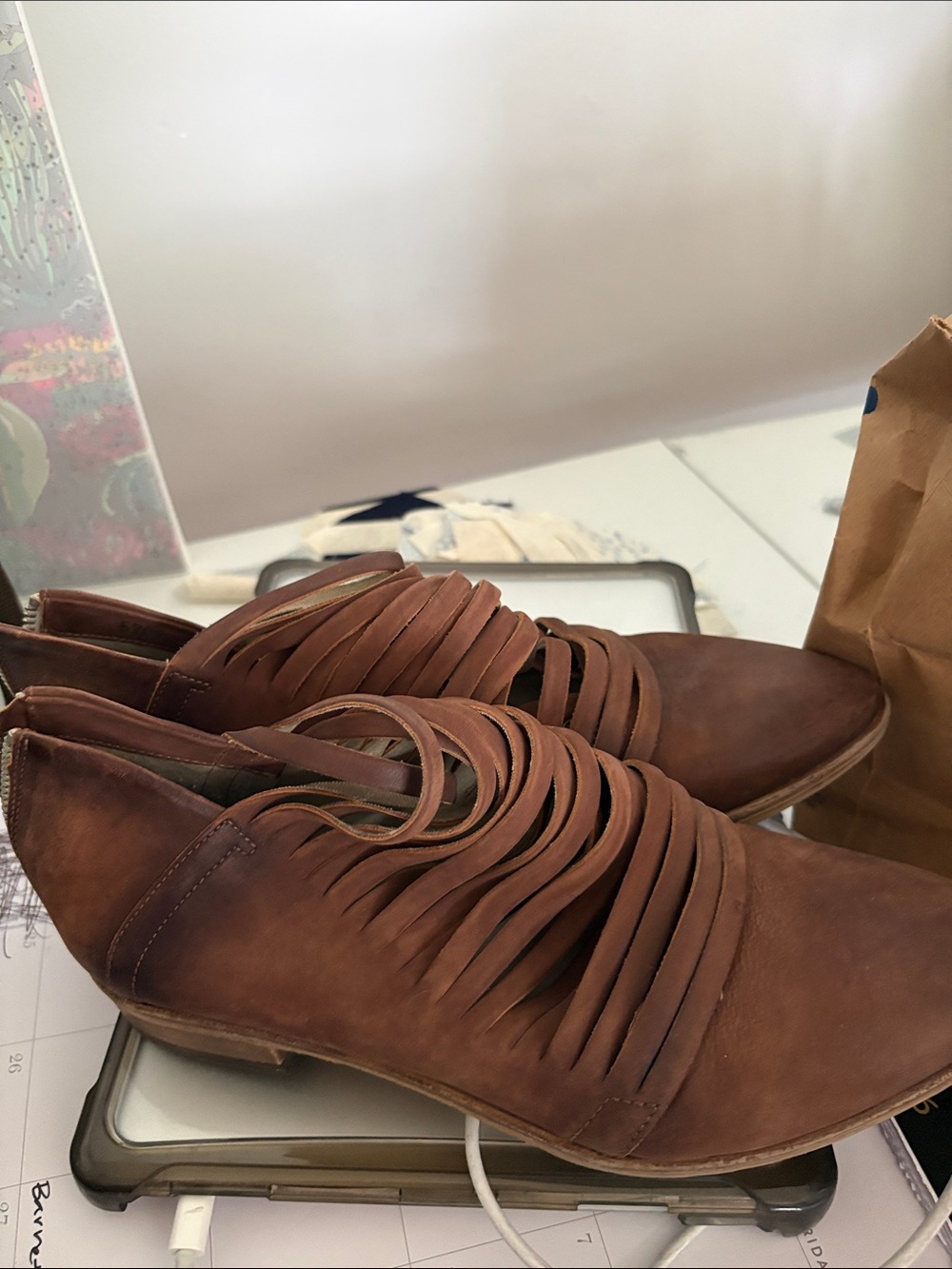 Free People “Lost Valley” Leather Ankle Boot Italian Brown Distressed Straps 40